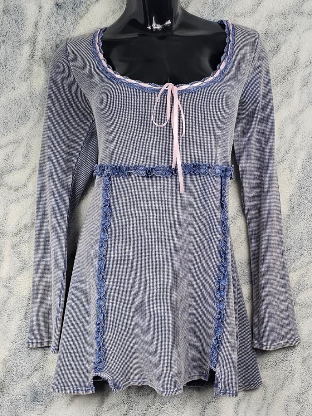 Dolls Kill Current Mood 1X Blue Thermal Girly 90's Y2K Mini Dress Pink Ribbon